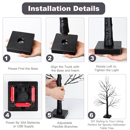 Halloween Black Tree with Orange & Purple Lights - 24 Inch Indoor Decor, Timer & USB Operated, Spooky Tabletop Decoration, 2 Pack