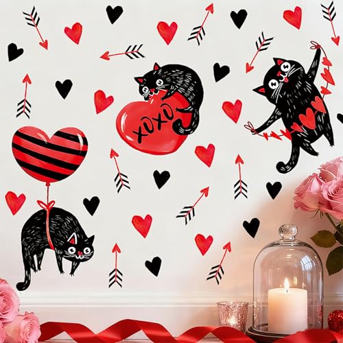 Valentine's Day Cat Window Stickers - Heart Black Cat Wall Decals - Style 20