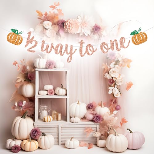 Rose Gold Glitter Pumpkin Half Birthday Banner - Fall Baby Shower & Party Decorations - 1/2 Way to One