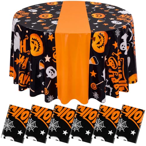 Halloween Tablecloths 6 Pack Orange Pumpkin 84-Inch Round Plastic Cover - Pumpkin / Orange / 6