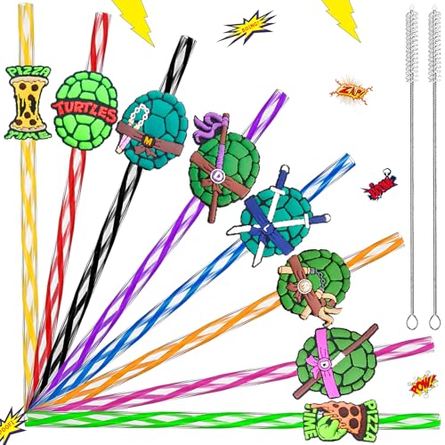 Reusable Green Turtle Drinking Straws Set with Cartoon Attachments for Kids Parties