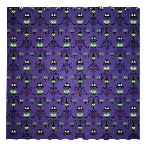Halloween Purple Haunted House Shower Curtain - Spooky Skull & Pumpkin Design, Waterproof Fabric, 72 x 72 Inches