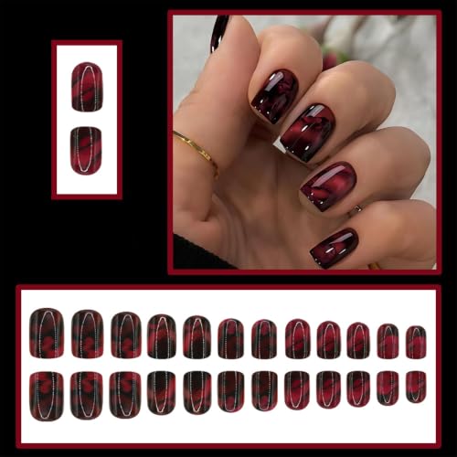 Halloween Short Square Press On Nails Set - Burgundy Black Gradient, Style7