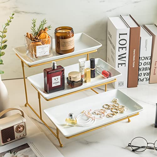 3-Tier Ceramic Serving Tray with Gold Stand - 11.7 x 15.9 Inch Display Stand