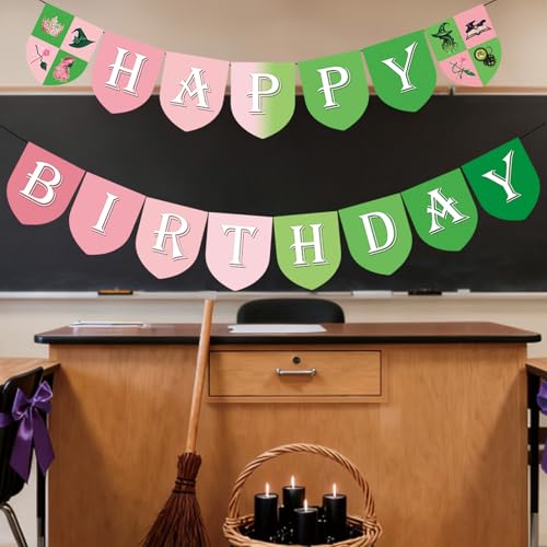 Wicked Happy Birthday Banner for Witch Theme Party Decorations - Pink & Green, Pre-Strung
