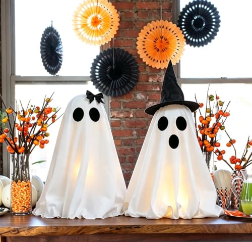 Light-Up Halloween Ghost Decorations Set - Spooky LED Tabletop Ornaments with Bow & Witch Hat, Indoor Mantel Decor, 2 Pack