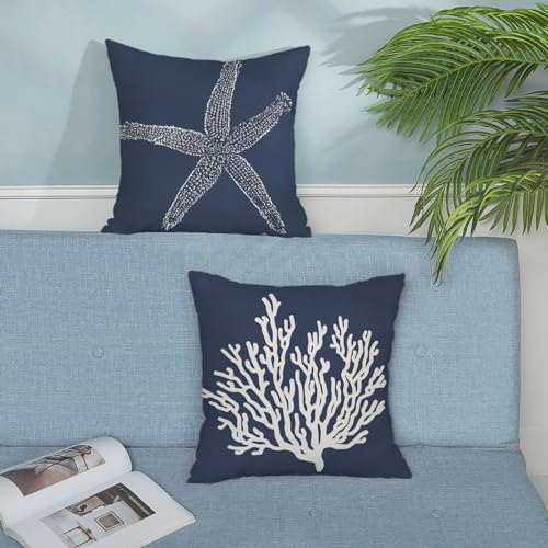 Navy Blue Starfish Coral Linen Pillow Covers 24x24 Inch Set of 2 - Coastal Nautical Decor