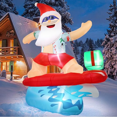 6.5FT Inflatable Santa Surfing Christmas Decoration with LED Lights - Outdoor Holiday Yard Lawn Decor