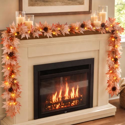 9FT Fall Garland with Lights - Large Maple Leaves Berries Pinecones Autumn Decor