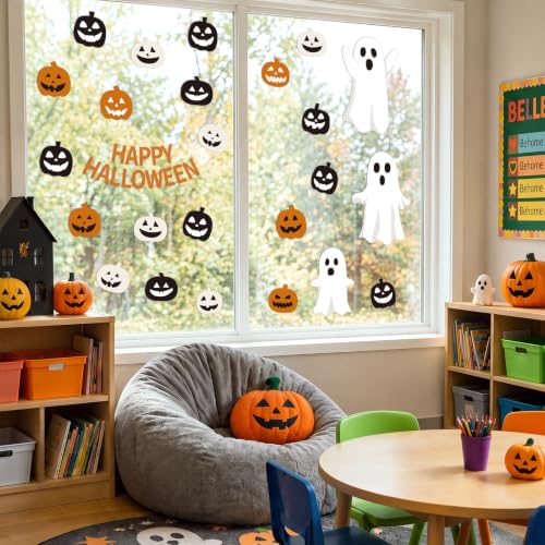 Halloween Door Sticker Decal Set with Spider Web & 5 Spiders - Pink Ghost Variation