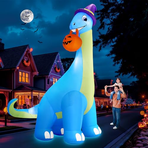 Giant Halloween Inflatable Dinosaur with LEDs, Pumpkin & Witch Hat - Outdoor Yard Decor