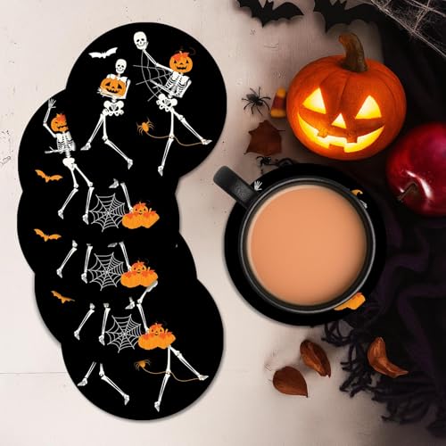 Halloween Coasters for Drinks - Set of 6 Ceramic Stone Pumpkins with Skull Variation