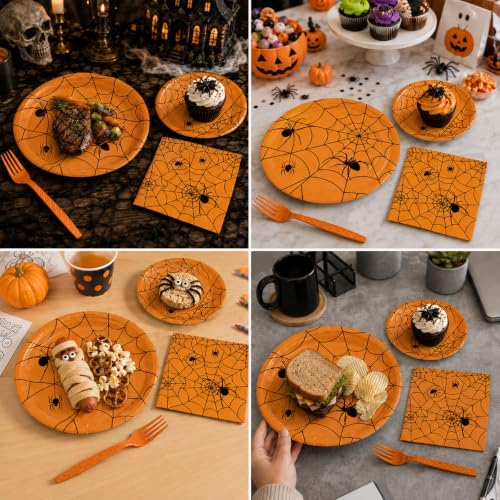 Orange Halloween Spider Web Paper Plates Napkins Party Set - 100 Pcs
