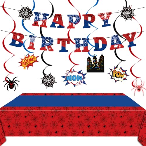 Spider Party Decorations Set - Web Tablecloth, Banner & Hanging Swirls - Variation of 3.0
