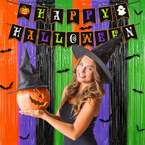 Multicolor Halloween Foil Fringe Curtains Party Decor with Bat Stickers & Banner - 3 Pack
