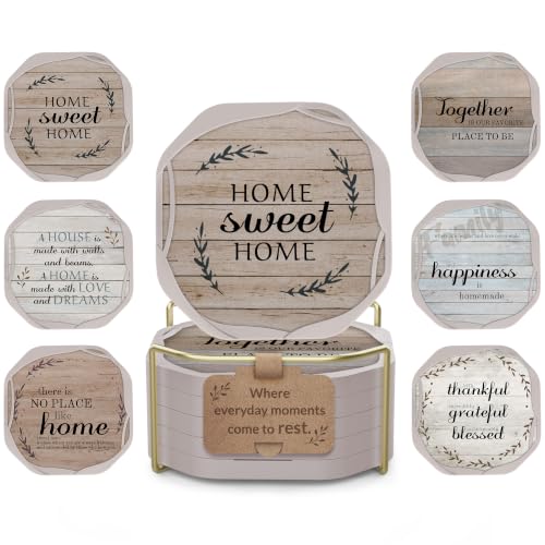 6 Pack Felt & Silicone Coasters Set with Holder - Sweet Home Octagon Design