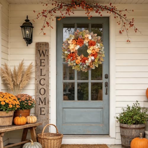 Orange Fall Wreath with Pumpkins Dahlias Berries & Eucalyptus Leaves - 24 Inch Autumn Decor