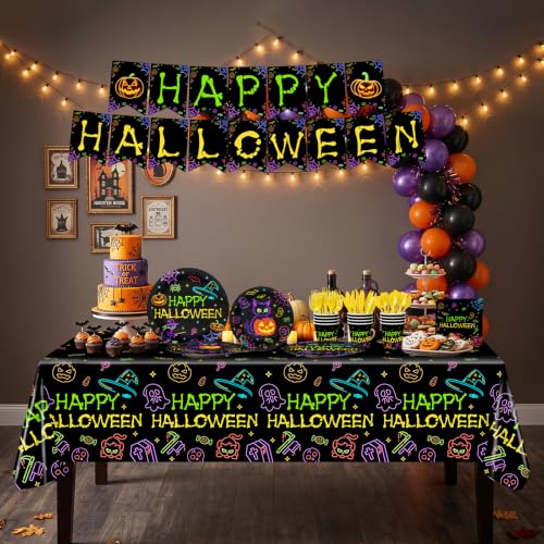 Neon Halloween Party Tableware Set - 170 Pieces for 24 Guests