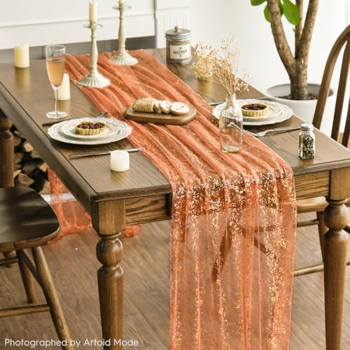 Orange Gold Gauze Table Runner 59x120 Inch Glitter Metallic Sheer Wedding Dinner Decor