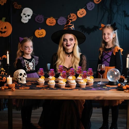 Halloween Firework Cupcake Toppers - 24 Pcs Spooky Pumpkin Bat Spider Decorations