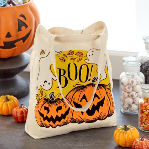 Large Halloween Tote Bag - Haunted House Design with Pumpkins & Ghosts - Reusable Canvas Trick or Treat Bag