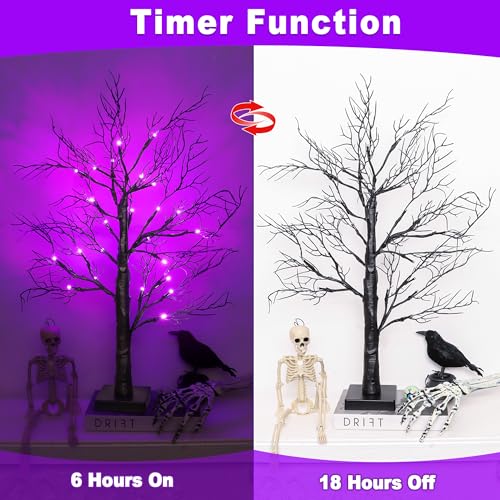 2 Pack Halloween Tree Lights - Purple LED 24-Inch Spooky Decor with Timer & USB