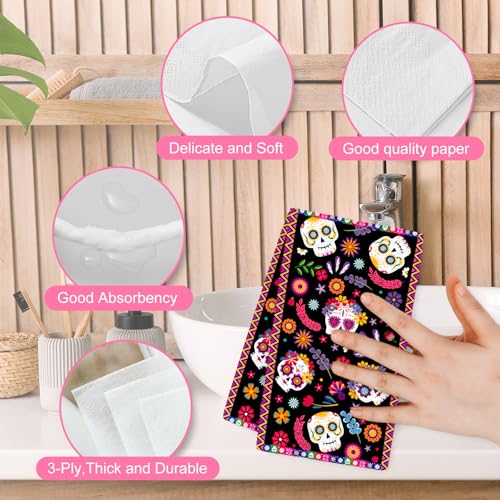 Halloween Floral Skull Guest Napkins - Mexican Design Party Tableware 100 Pack