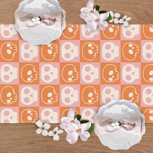 Skeleton Halloween Table Runner 13x72in Pink Orange Skull Checkerboard Decor - Variation of THIS listing
