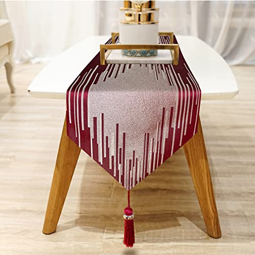 Red Faux Silk Table Runner 13x120 Inches with Tassels - Modern Geometric Design