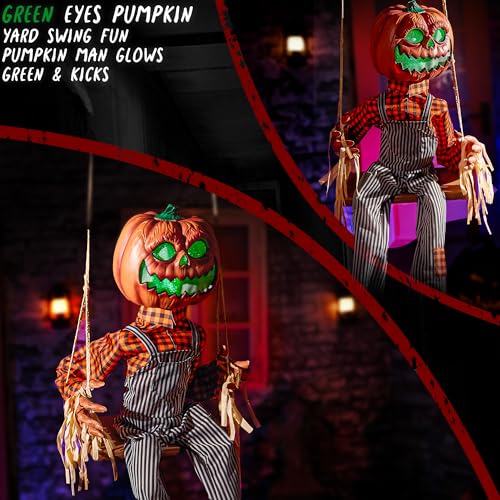 Halloween Animatronics Swinging Pumpkin with Motion Sensor Light Up Eyes - Creepy Sound & Scary Movement - Hanging Decor - Variation: Swinging Jack