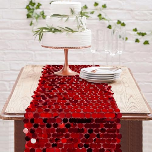 Red Sequin Table Runner Set - 3 Pack 12x108 Inch Glitter Rectangle Table Decor for Weddings Parties Holidays