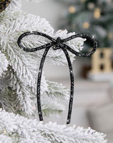 Black Sparkly Glitter Holiday Bows - 6 Pcs 4.3x6 Inch Tree & Gift Decor with Twist Ties