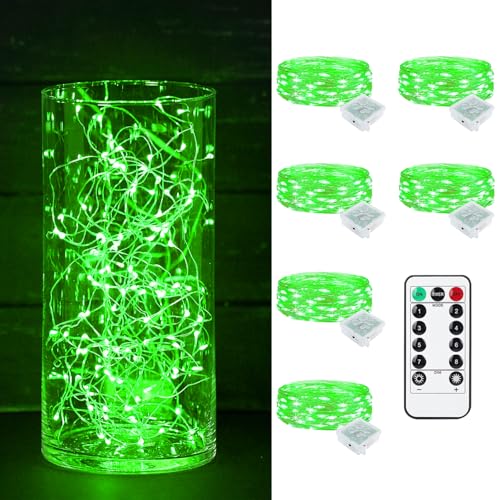 Green Battery Operated Fairy Lights with Remote & Timer - 6 Pack, 7ft, Waterproof, 20 LEDs