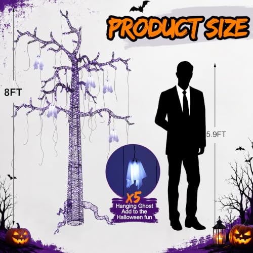 Lighted Halloween Tree with Ghosts and LED Lights, 8ft Spooky Garden Decor