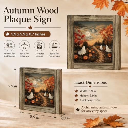 Ghost Pumpkin Path Wood Plaque Sign - Halloween Desk Decor Style 06