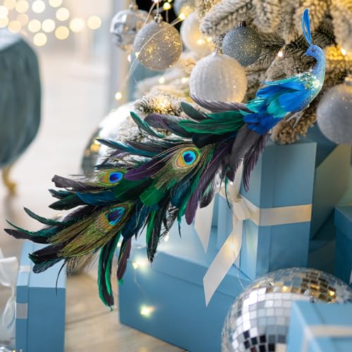 Peacock Christmas Tree Ornaments - 2 Pack Glitter Feather Bird Decorations for Xmas Tree & Holiday Decor - Variation 2