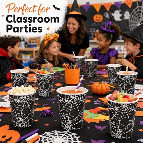 Halloween Disposable Paper Cups 9oz Spiders Web Design Black White 100 Pack - Party Supplies