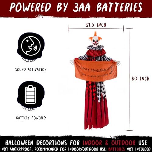 Halloween Hanging Clown Animatronic - 5ft Spooky Floating Prop with Banner, Sound & Light Activation