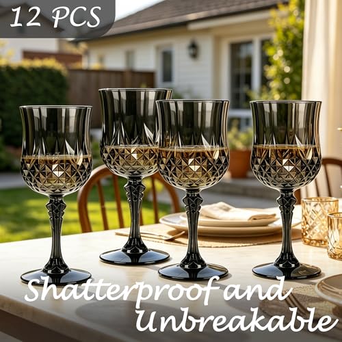Black 12-Pack Plastic Wine Glasses 7oz Vintage Goblets for Weddings