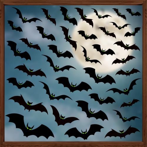 Halloween Window Clings Set - Large Scary Bat Silhouettes with Glow Eyes, Double Sided, 6 Sheets