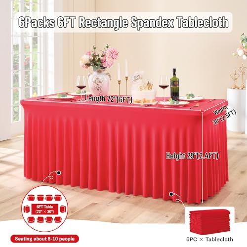 Red Spandex Tablecloth 6FT Rectangle Cover with Skirt - 6 Pack, Wrinkle-Free