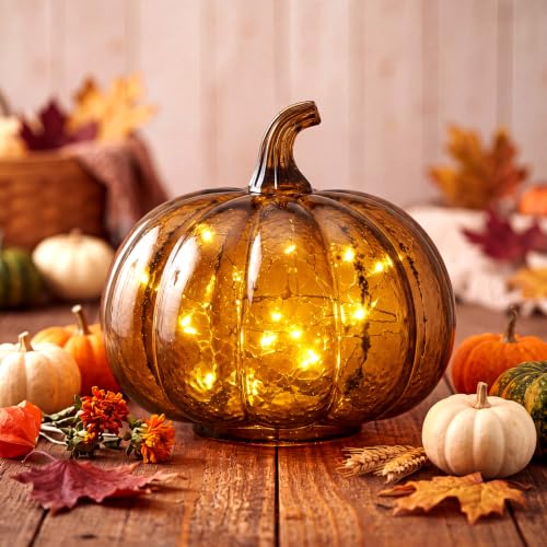 Glooglitter Mercury Glass Pumpkin Light LED Halloween Decor - Small Amber, Round