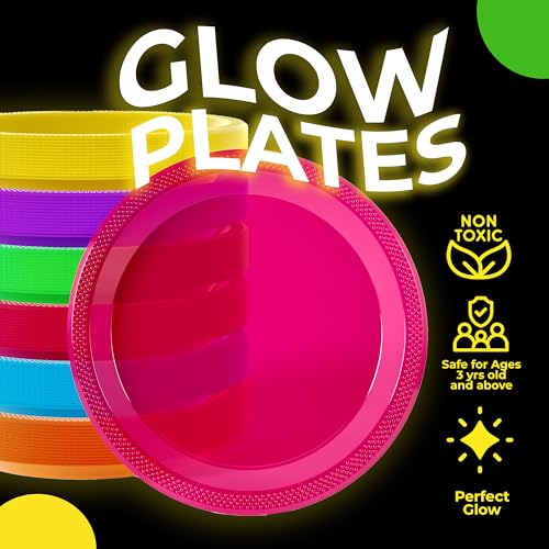 Black Light Glow Party Plates - 60 Pack, 9 Inch Assorted Neon Disposable Plates - UV Reactive for Birthday & Neon Parties
