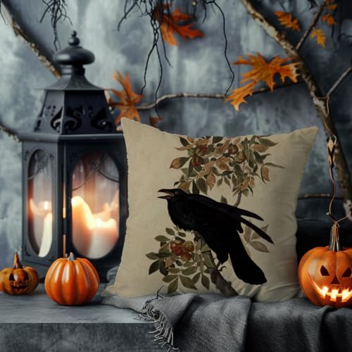 Gothic Halloween Crow Throw Pillow Cover 18x18 Inch Raven Decor