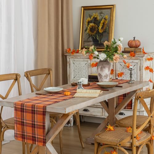 Plaid Fall Thanksgiving Table Runner - Orange Red 13x48 Inches - AQOTHES