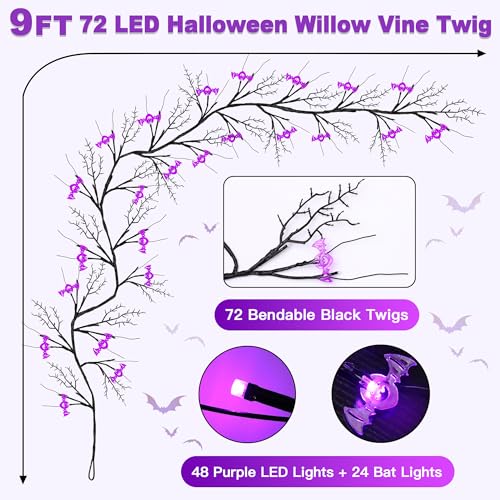9FT Halloween Garland with Purple LED Lights & Bats - Indoor Spooky Decor, Battery Operated