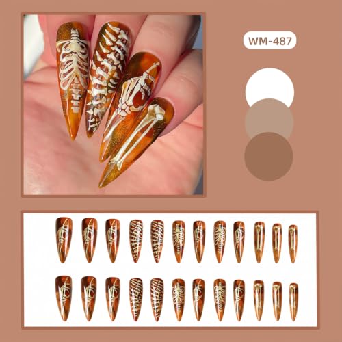 Halloween Amber Skeleton Stiletto Fake Nails Kit - Gothic Press On Nails, 24pcs