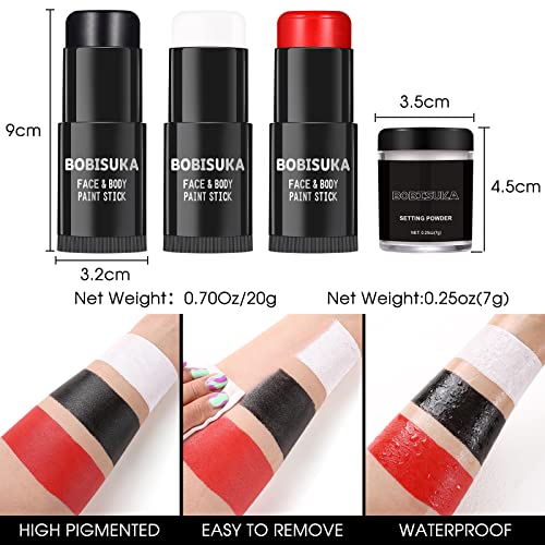Face Paint Stick Set with Setting Powder - Black, White, Red Clown Joker Skeleton