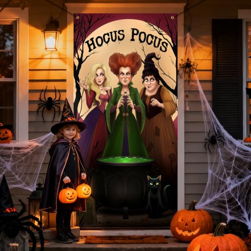 Halloween Door Cover Hocus Pocus Decorations Witch Sisters Black Cat Banner