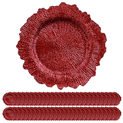 50 Pack Red Plastic Charger Plates 13 Inch Reef Pattern Bulk Set - Elegant Tableware